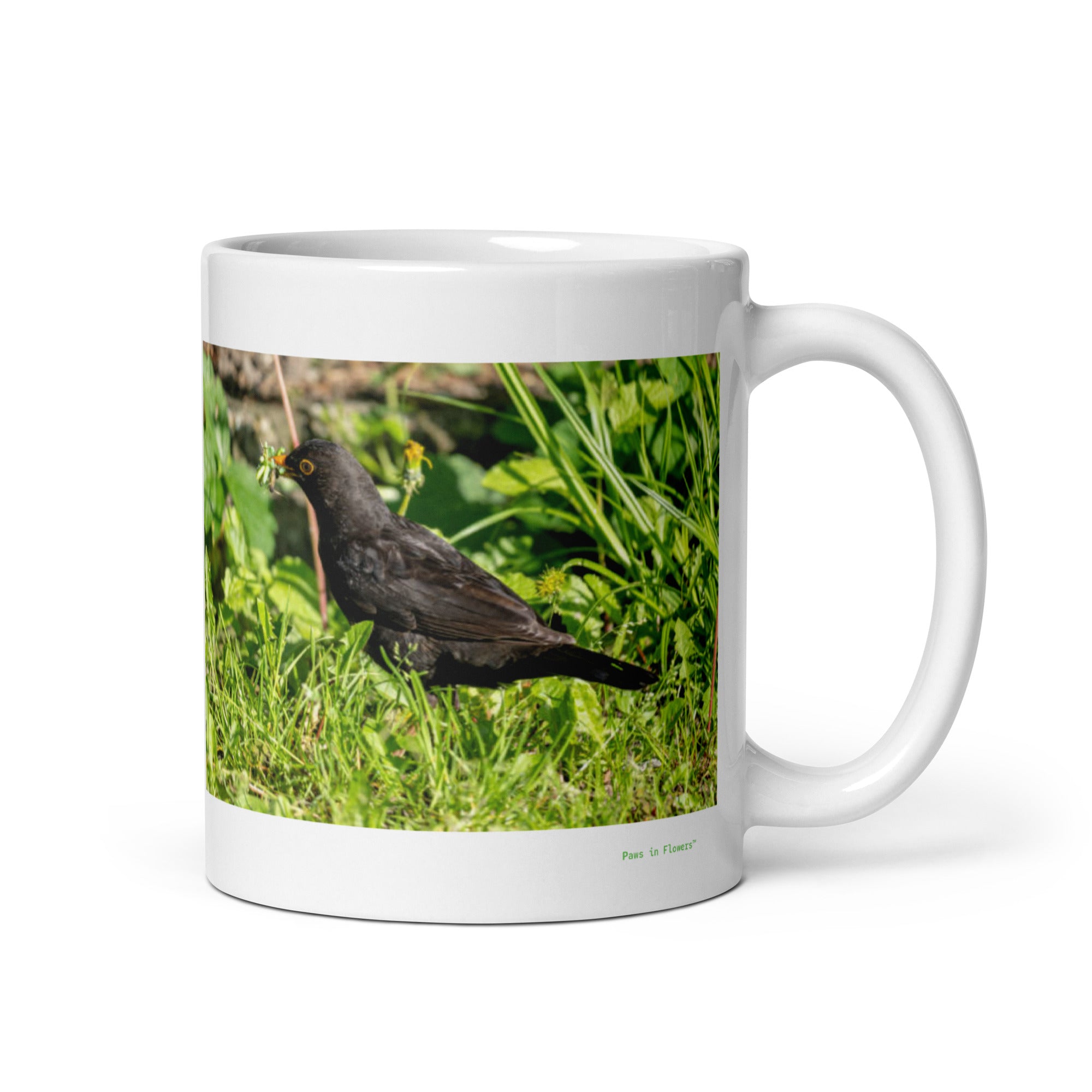 11 oz. white ceramic blackbird mug showing a blackbird in its natural habitat
