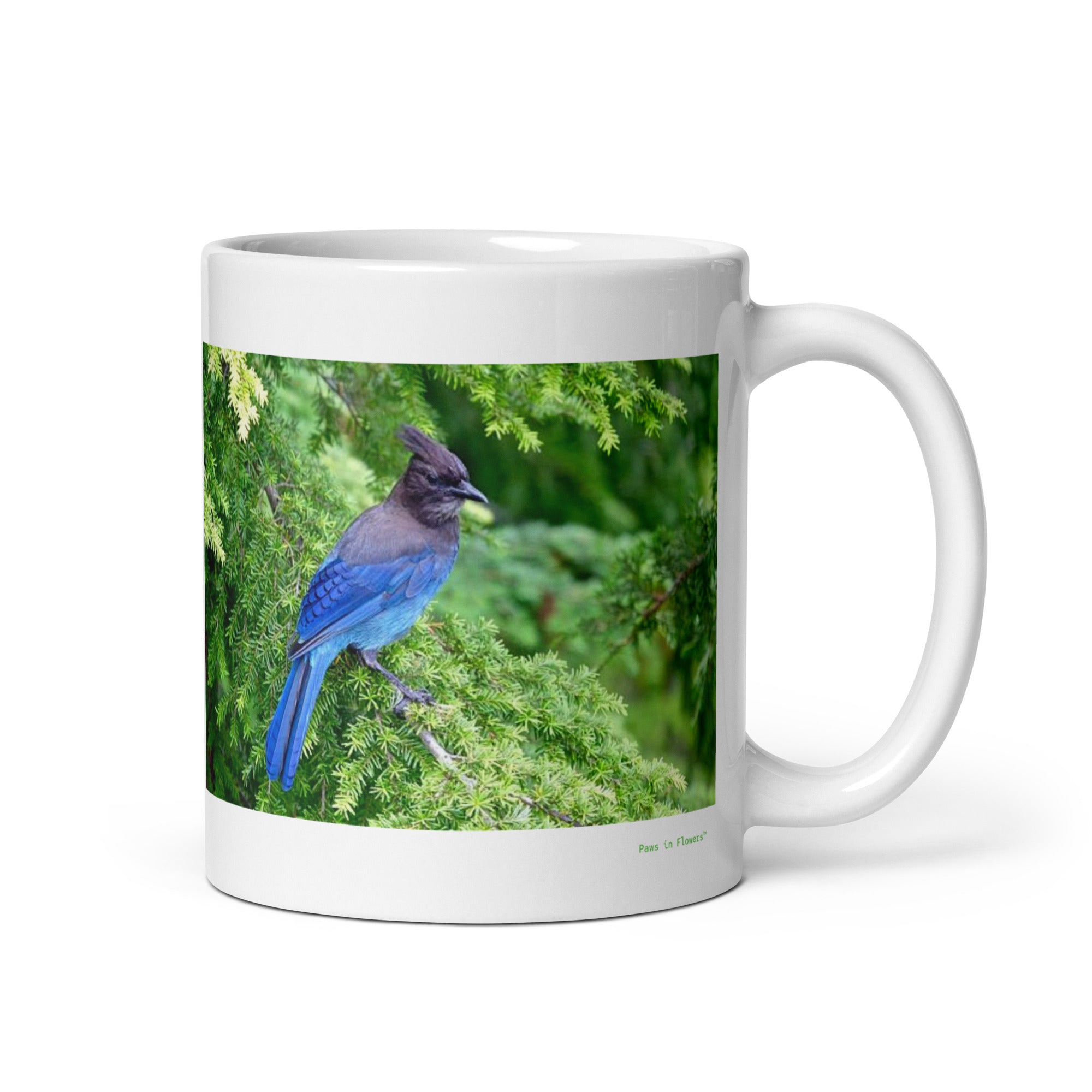 11 oz. white ceramic bluebird mug showing a bluebird in its natural habitat