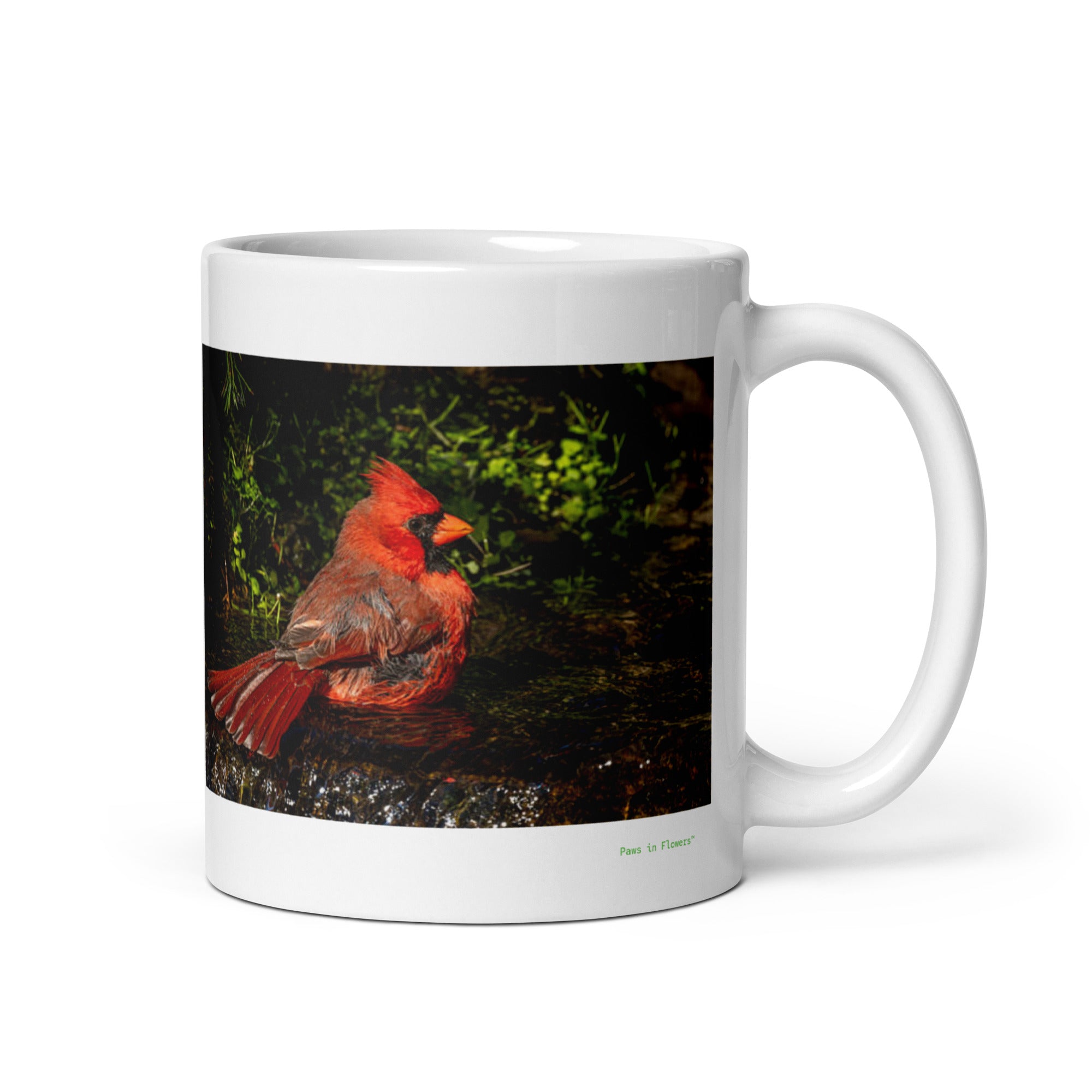 11 oz. white ceramic cardinal mug showing a cardinal in its natural habitat