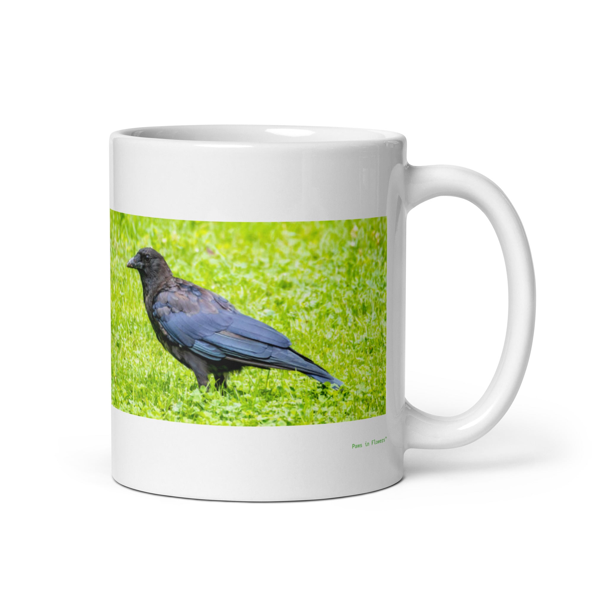 11 oz. white ceramic crow mug showing a crow in its natural habitat