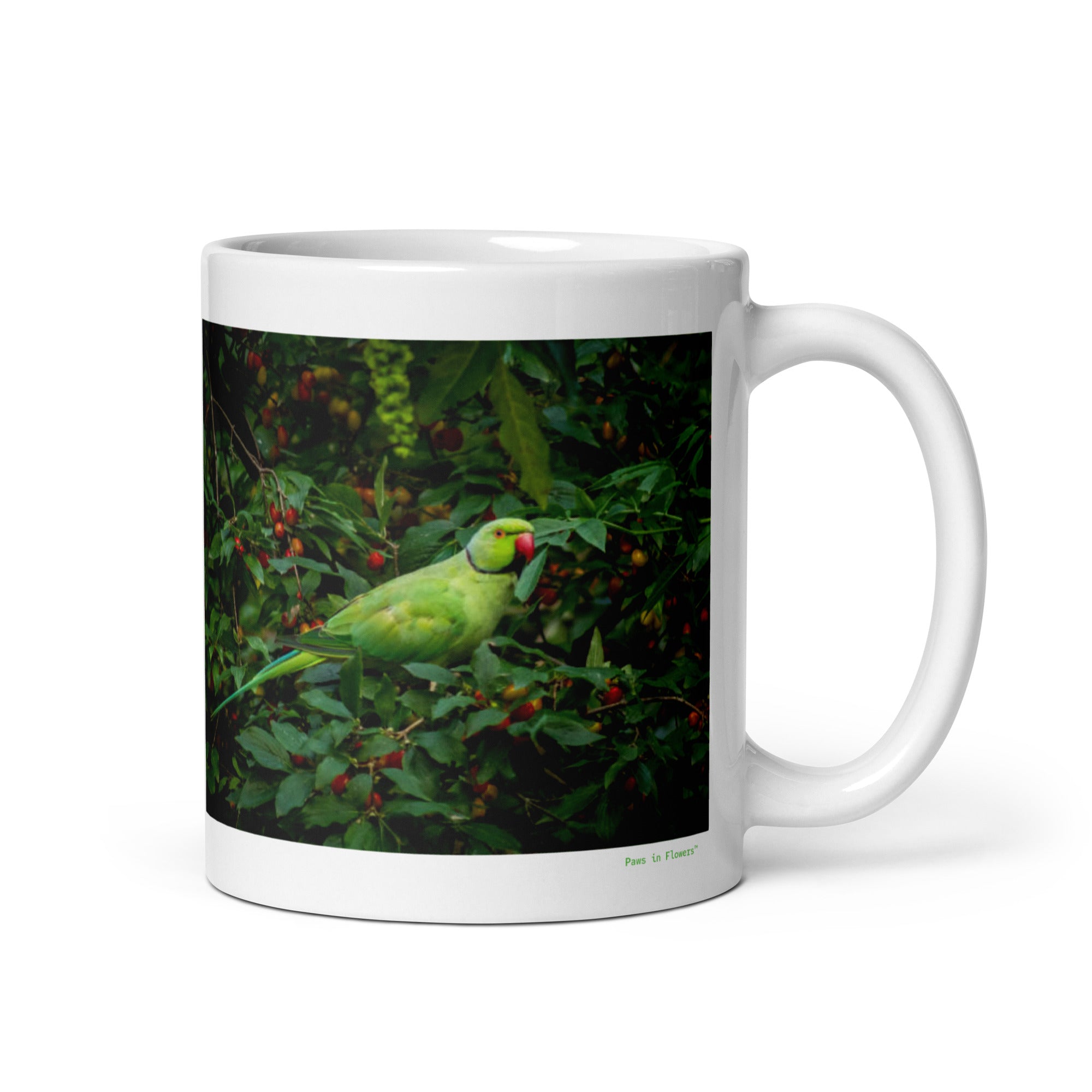 11 oz. white ceramic parrot mug showing a parrot in its natural habitat