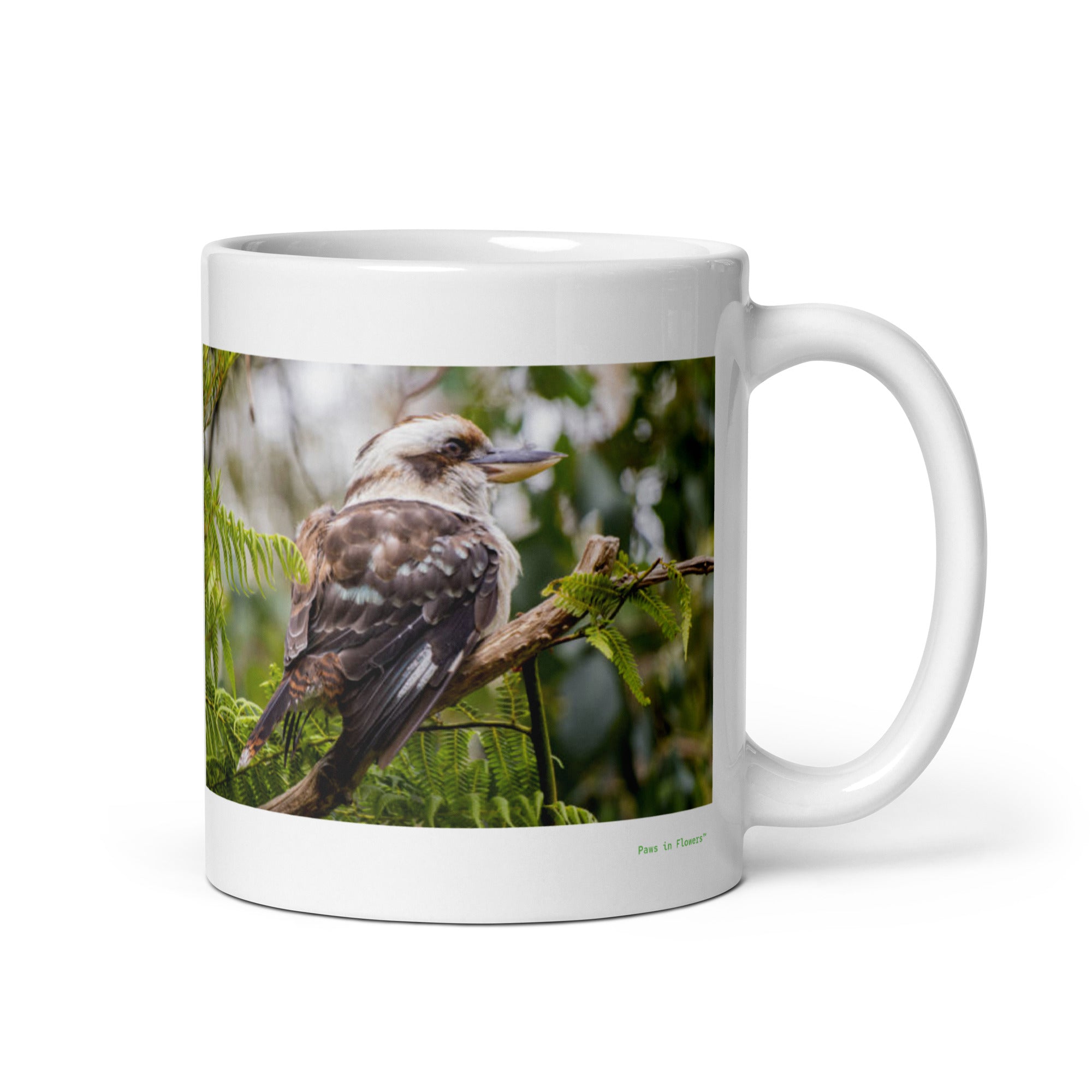 11 oz. white ceramic kookaburra mug showing a kookaburra in its natural habitat
