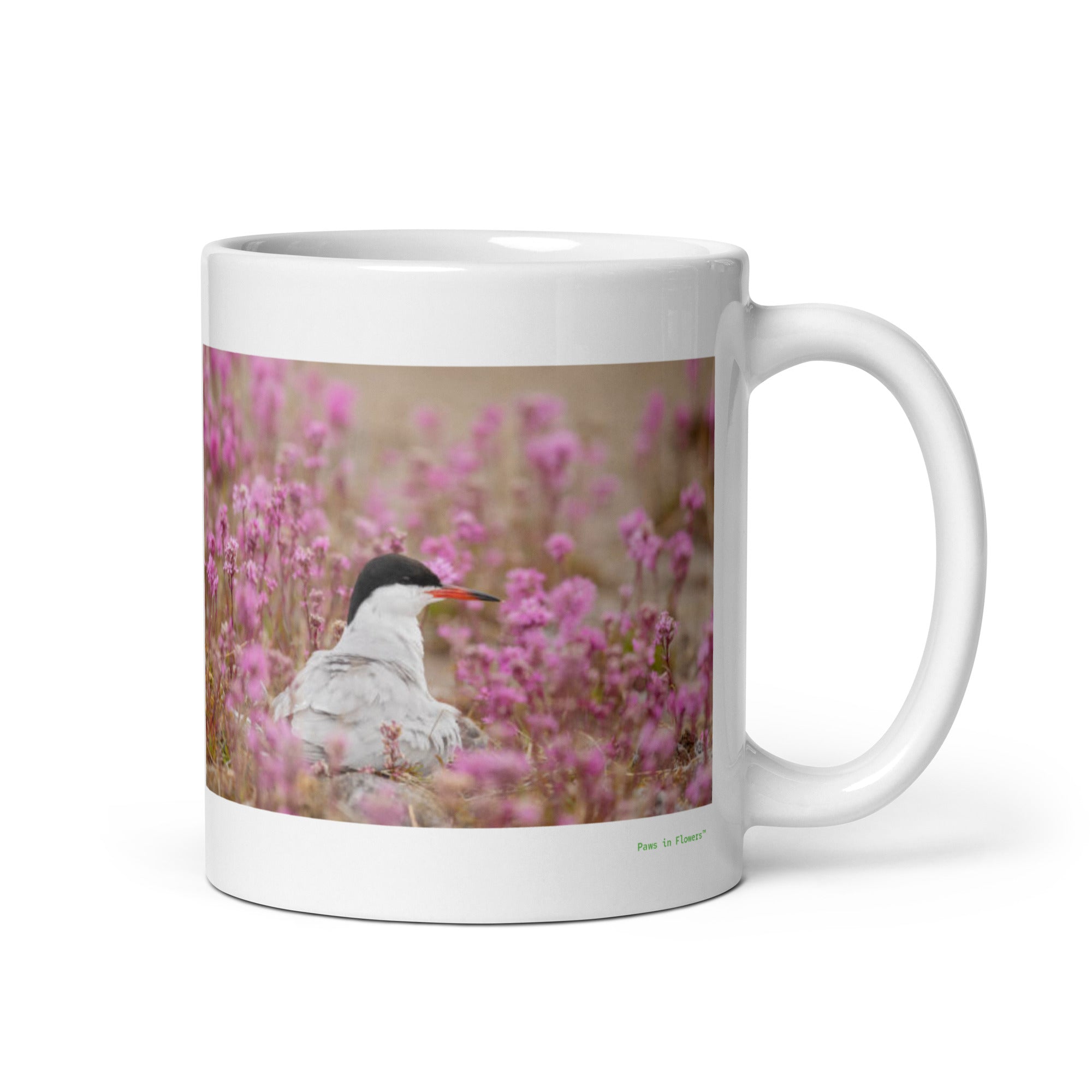 11 oz. white ceramic tern mug showing a tern in its natural habitat