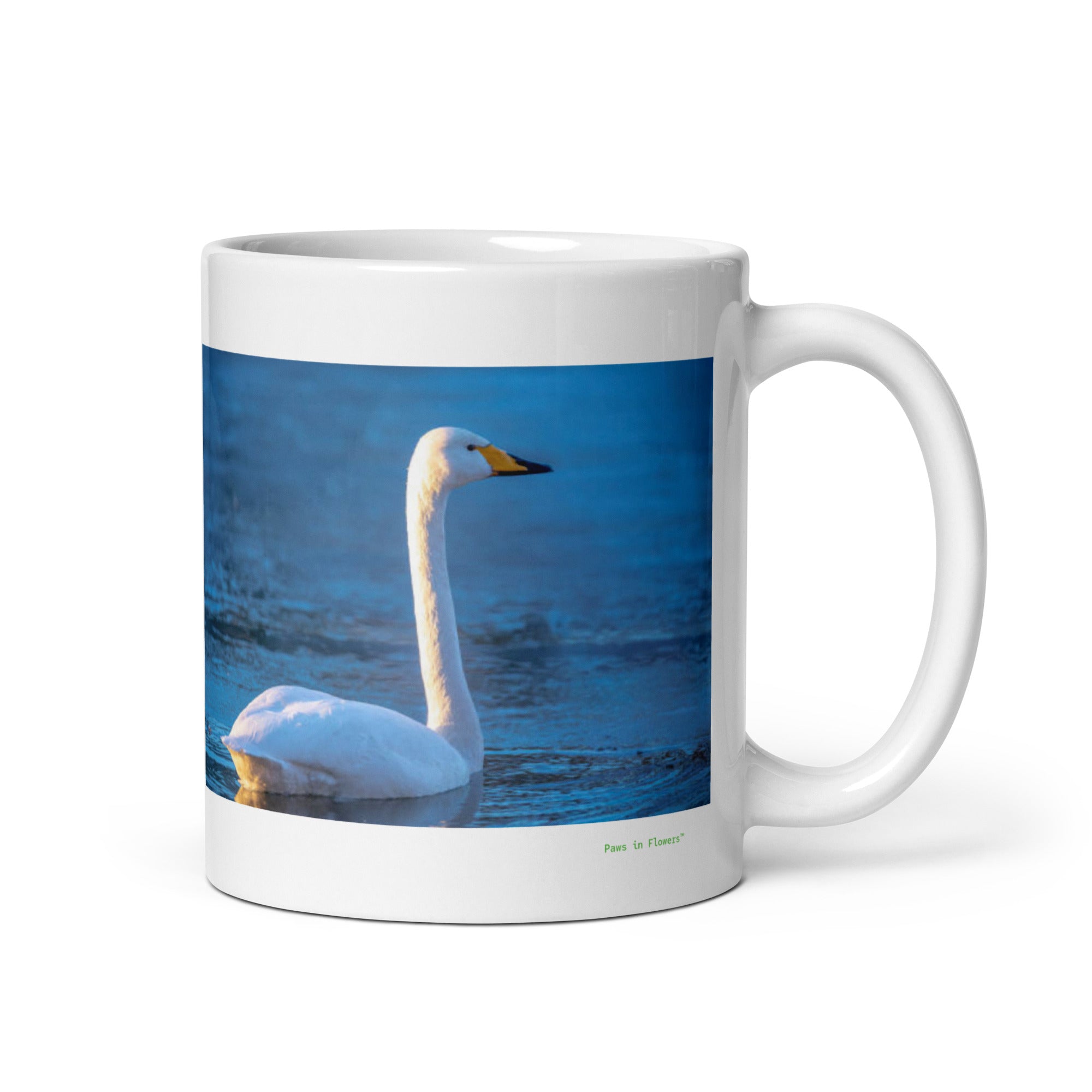 11 oz. white ceramic swan mug showing a swan in its natural habitat