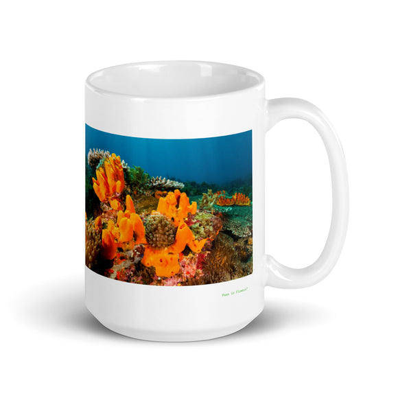 15 oz. white ceramic sponge animal mug showing a sponge animal in its natural habitat