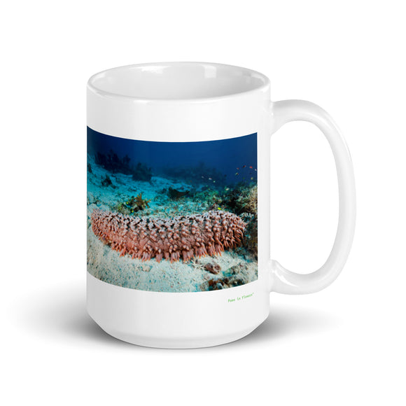 15 oz. white ceramic sea cucumber mug showing a sea cucumber in its natural habitat