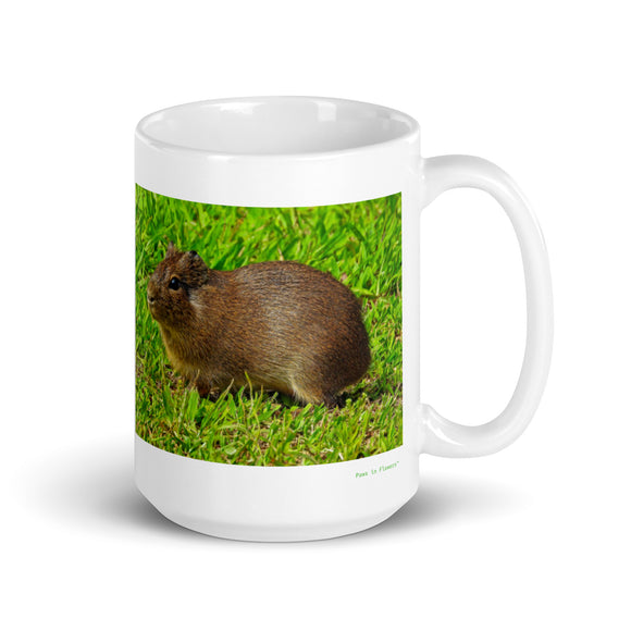 15 oz. white ceramic guinea pig mug showing a guinea pig in its natural habitat