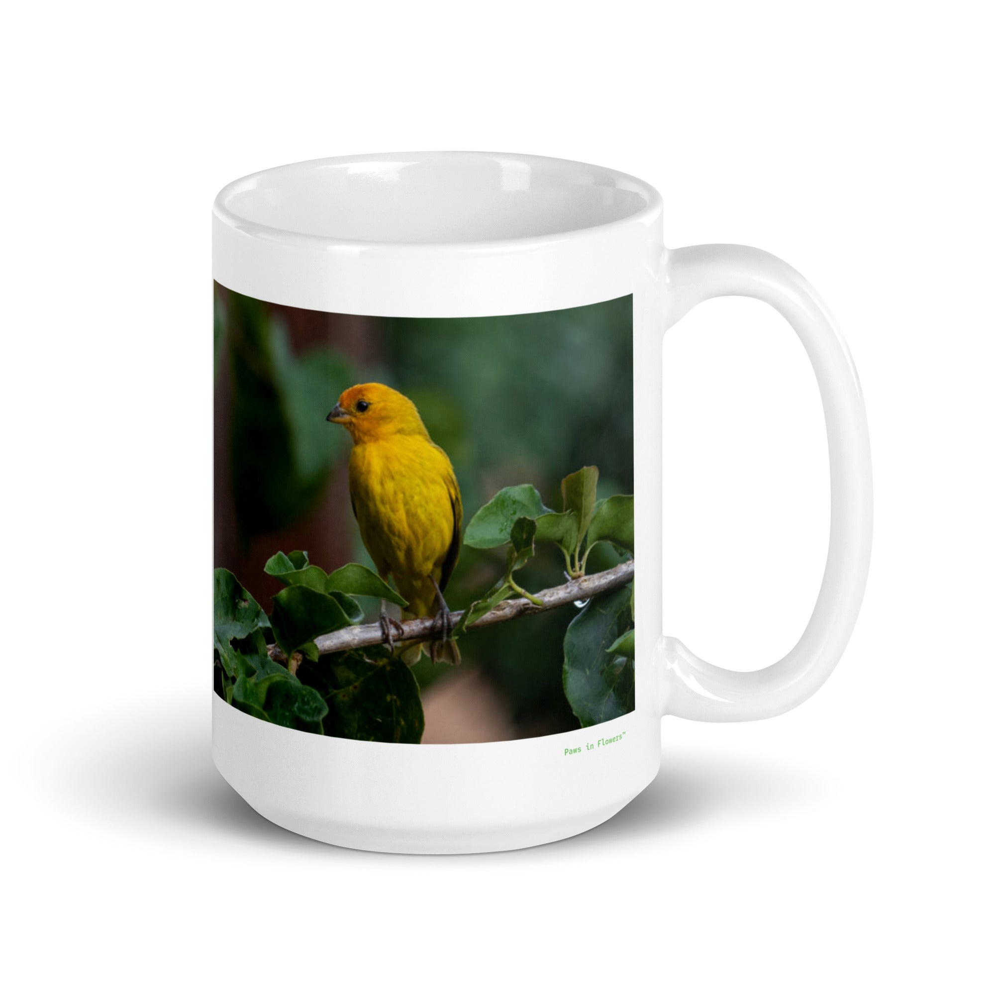 15 oz. white ceramic canary mug showing a canary in its natural habitat