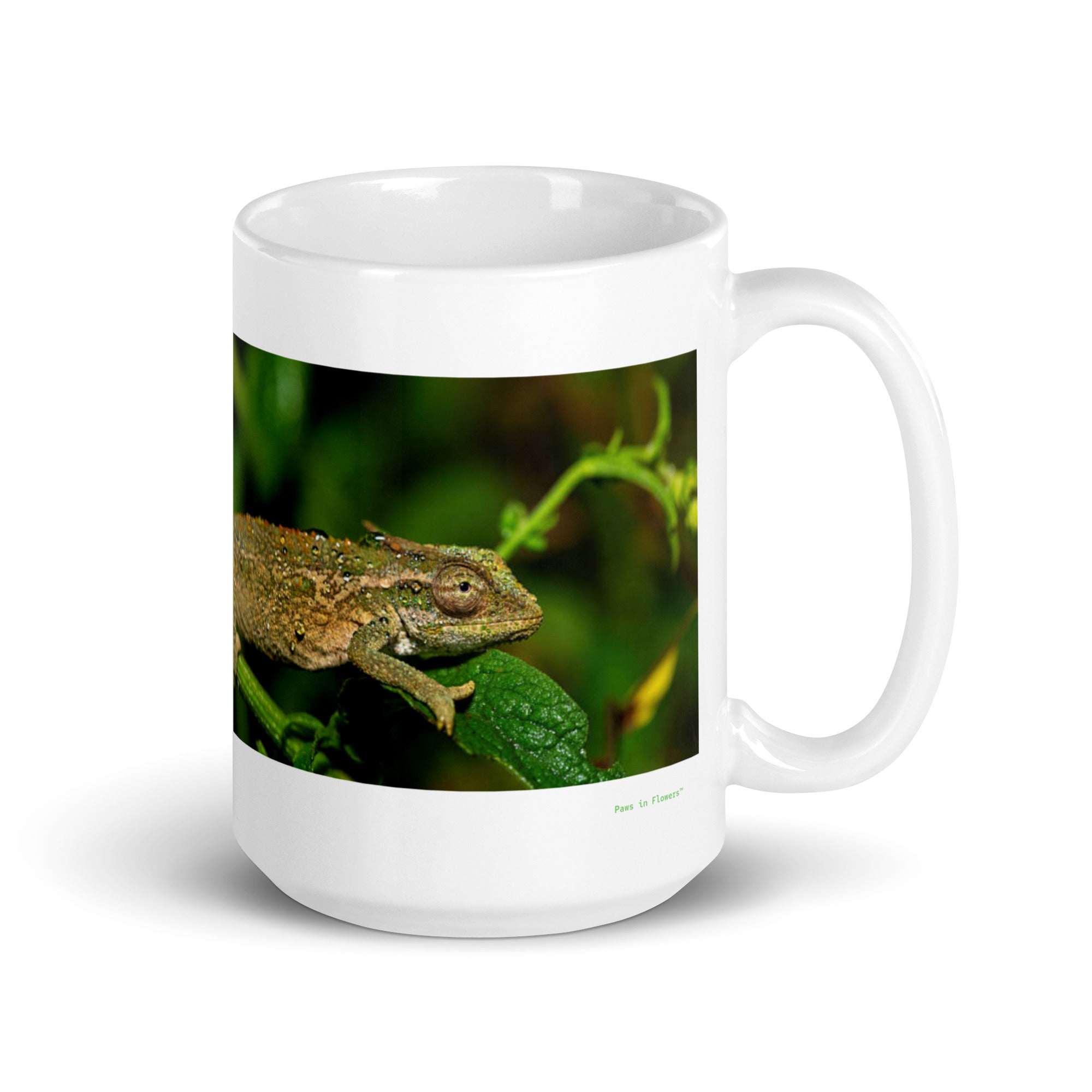 15 oz. white ceramic chameleon mug showing a chameleon in its natural habitat