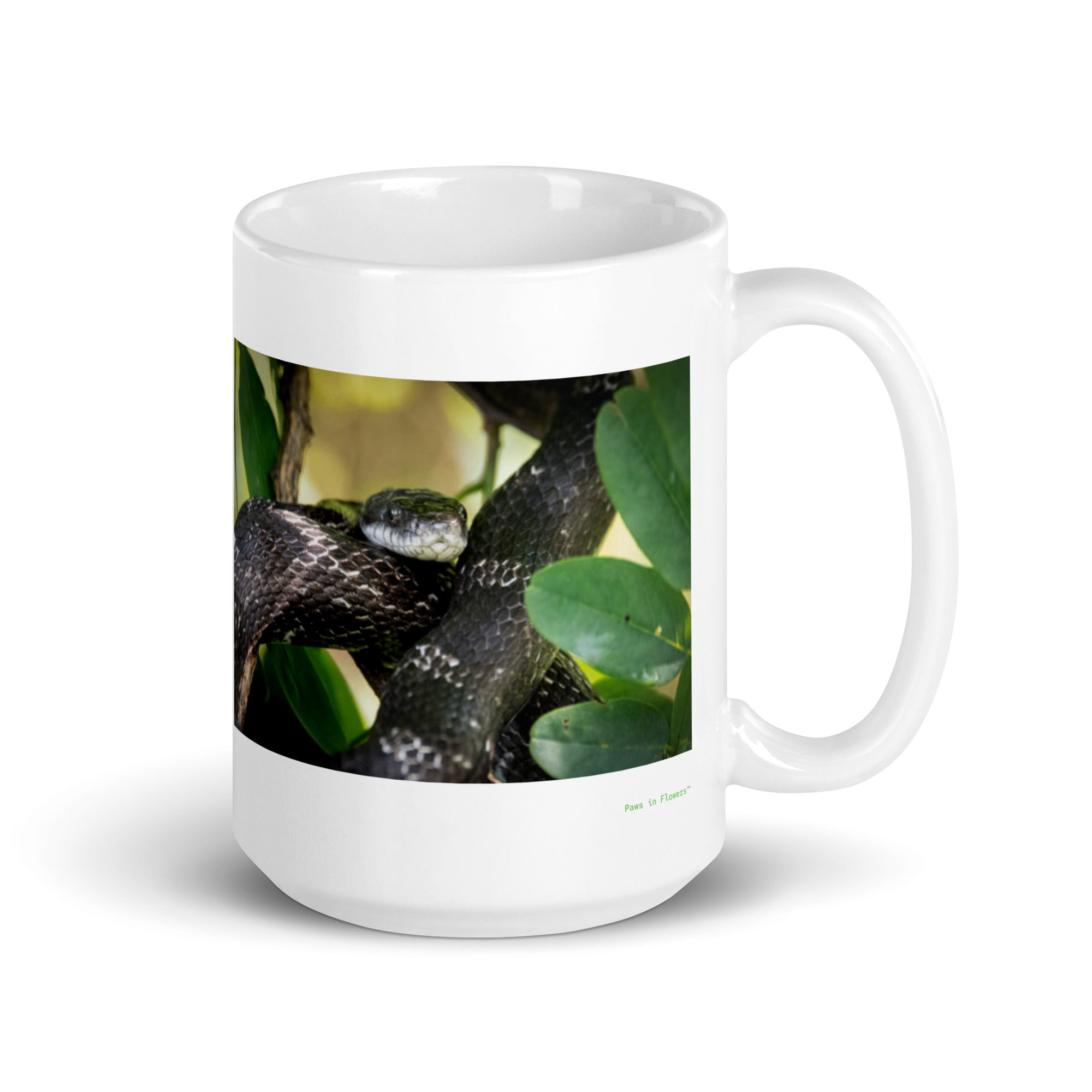 15 oz. white ceramic rat snake mug showing a rat snake in its natural habitat