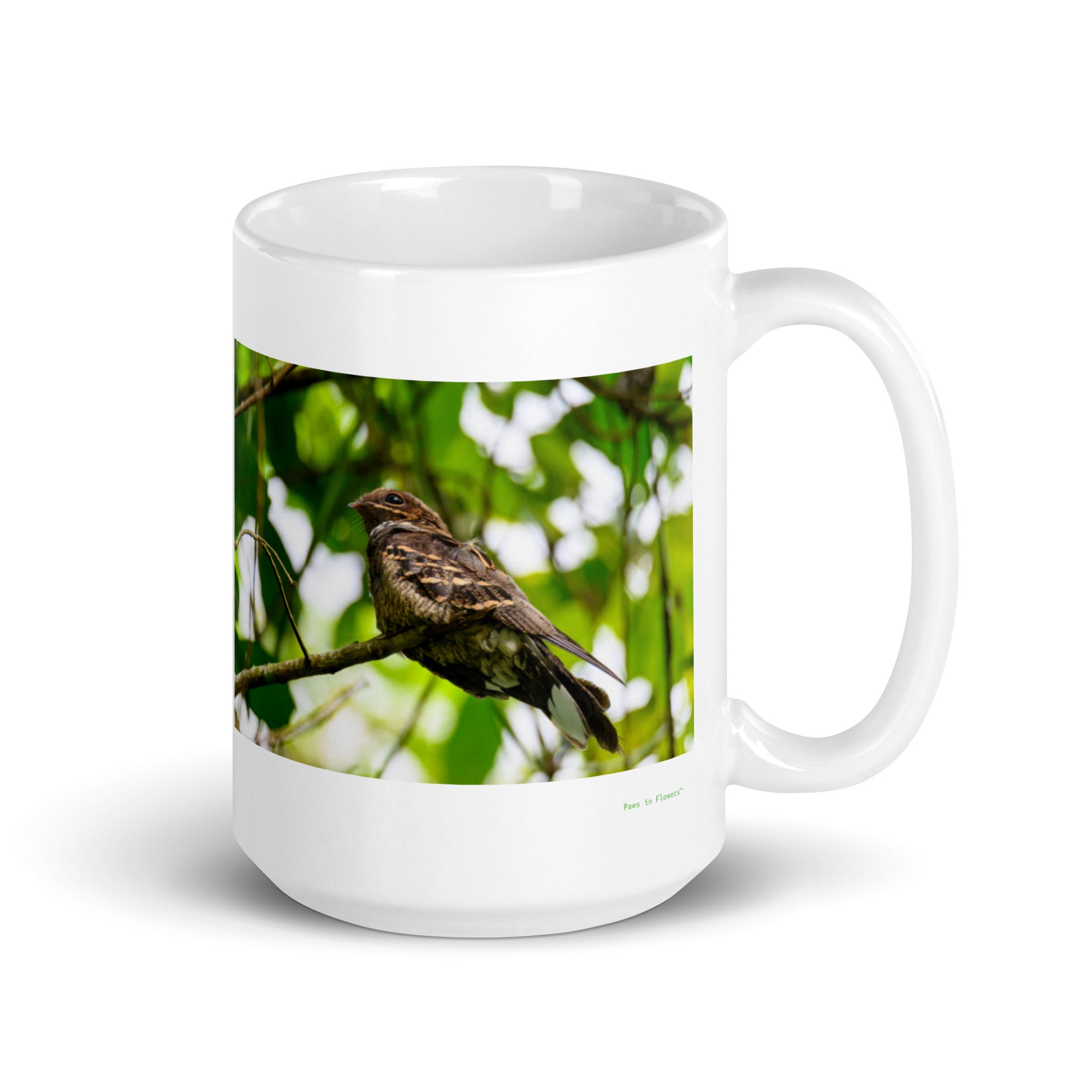 15 oz. white ceramic whippoorwill mug showing a whippoorwill in its natural habitat