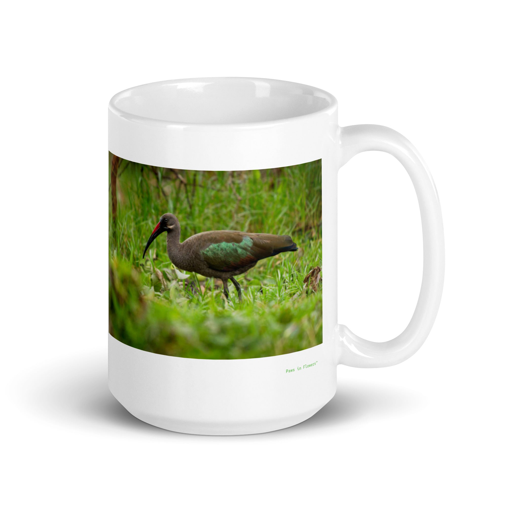15 oz. white ceramic hadada ibis mug showing a hadada ibis in its natural habitat