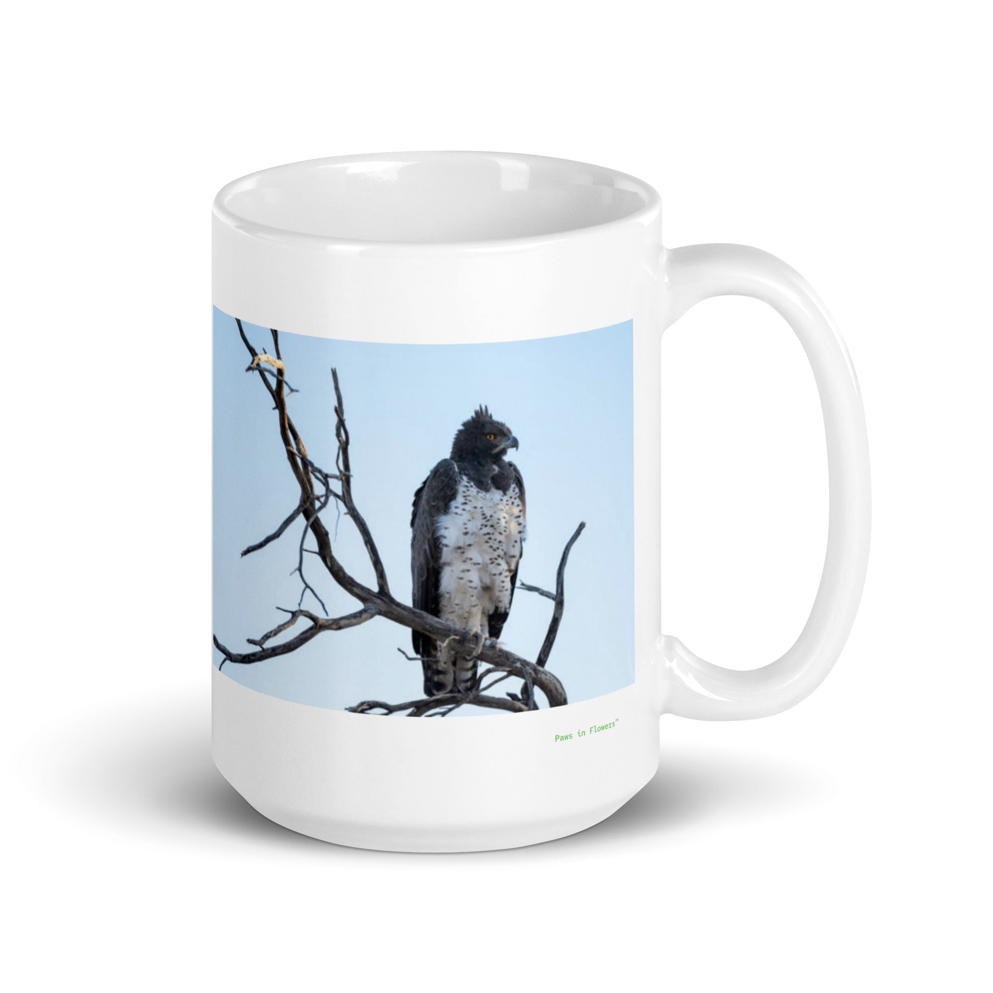 15 oz. white ceramic martial eagle mug showing a martial eagle in its natural habitat
