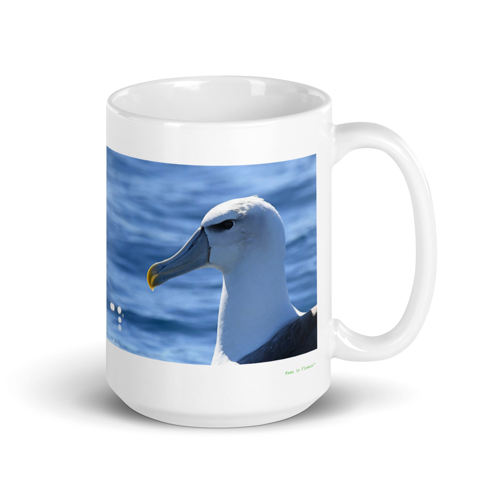 15 oz. white ceramic albatross mug showing an albatross in its natural habitat