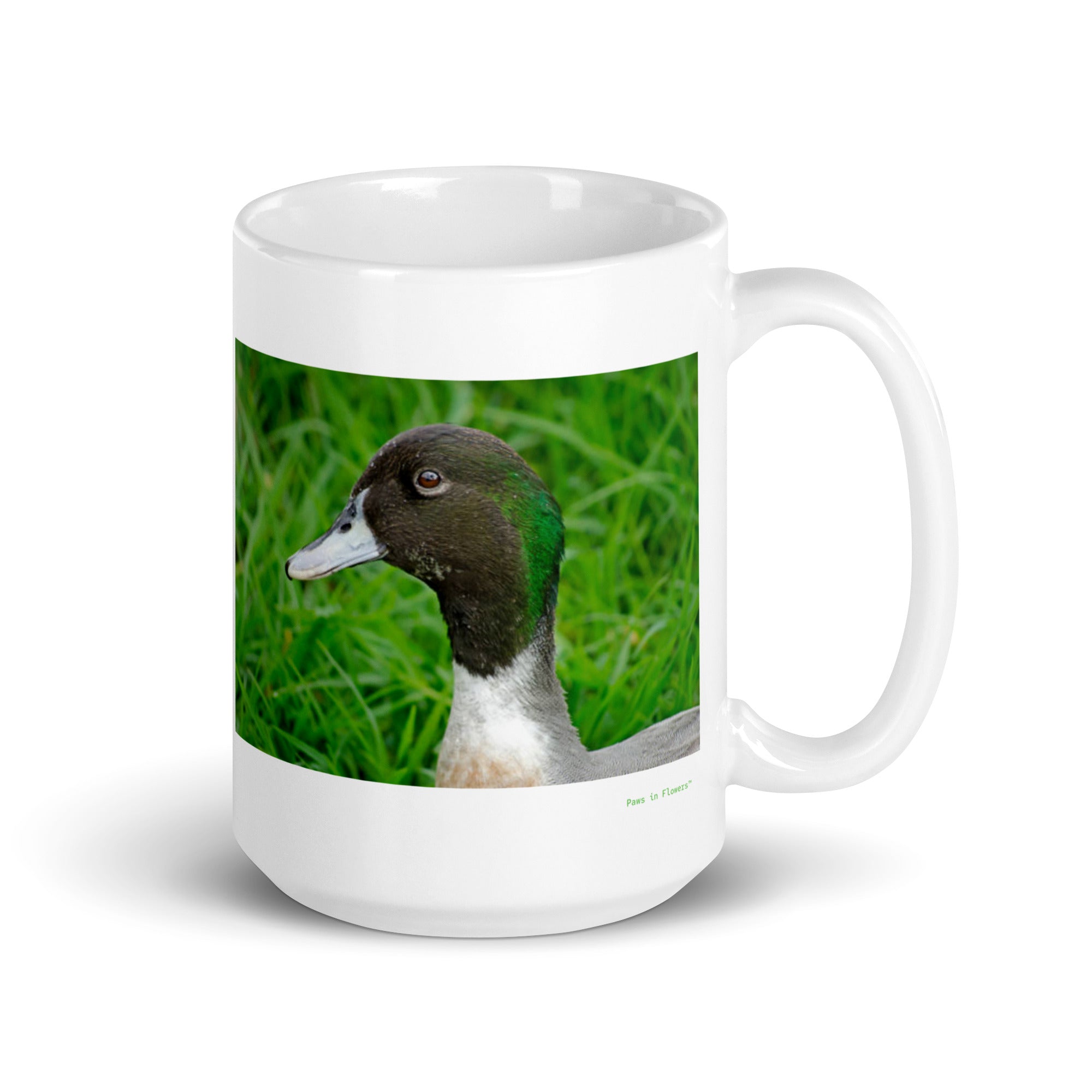 15 oz. white ceramic duck mug showing a duck in its natural habitat