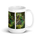 15 oz. white ceramic quetzal mug showing a quetzal in its natural habitat