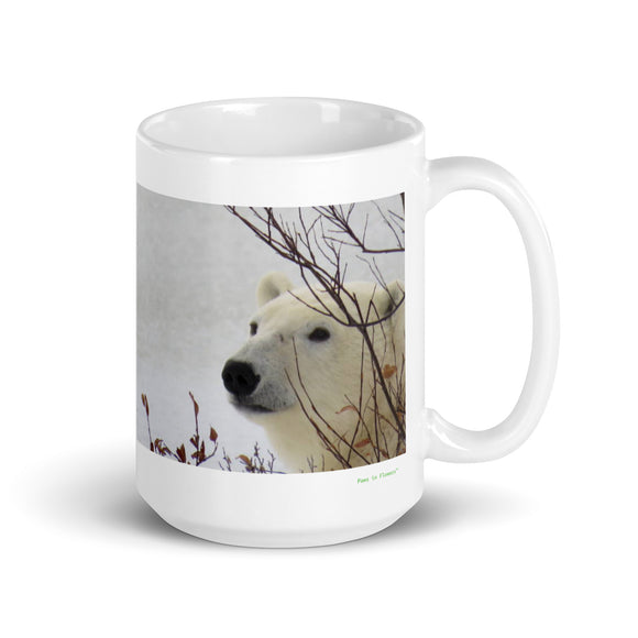 15 oz. white ceramic polar bear mug showing a polar bear in its natural habitat
