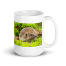 15 oz. white ceramic hedgehog mug showing a hedgehog in its natural habitat
