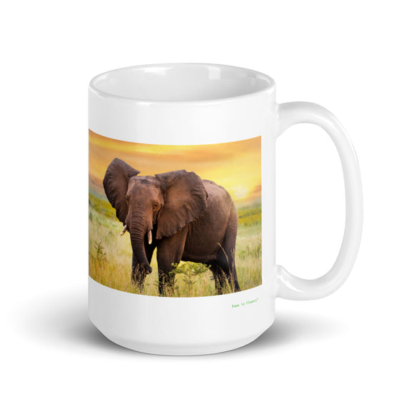 15 oz. white ceramic elephant mug showing an elephant in its natural habitat