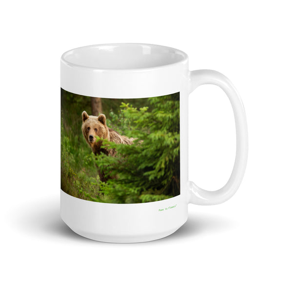 15 oz. white ceramic bear mug showing a bear in its natural habitat