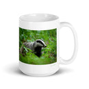 15 oz. white ceramic badger mug showing a badger in its natural habitat