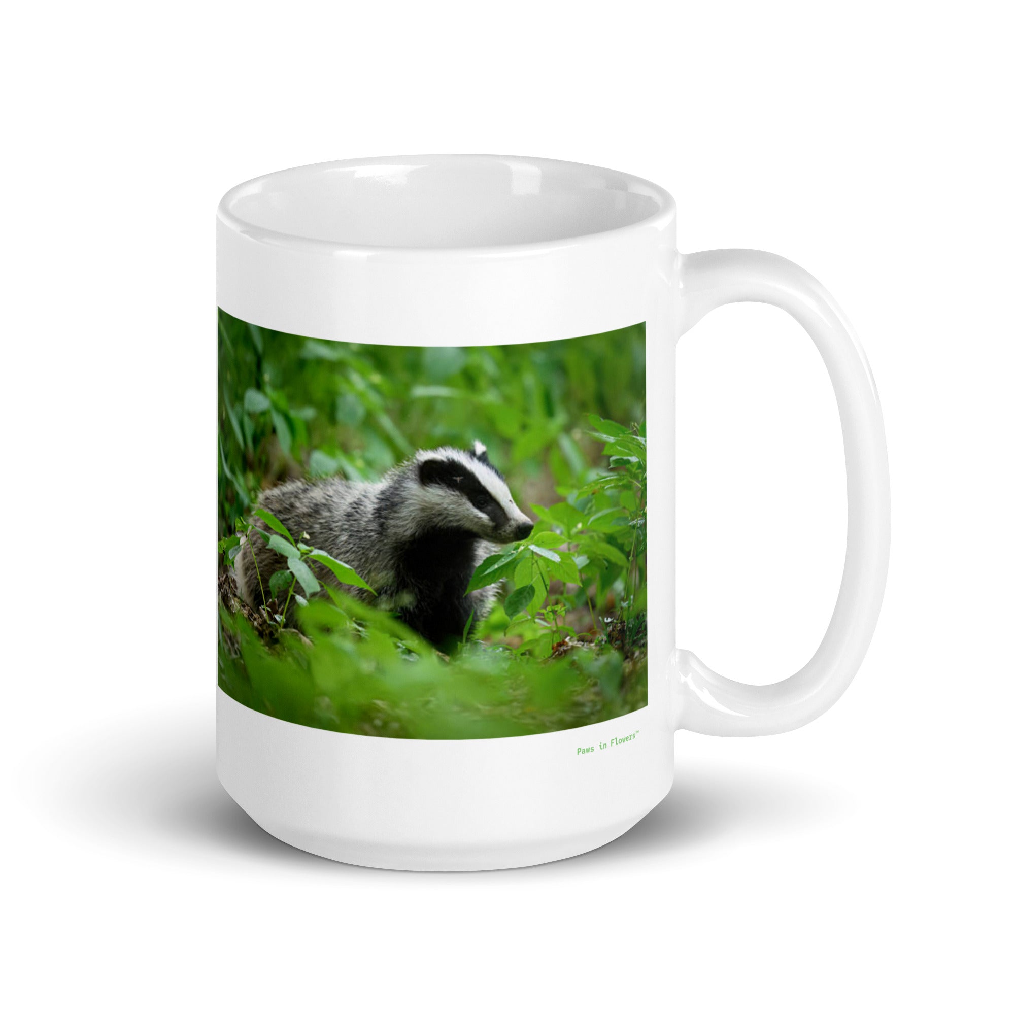 15 oz. white ceramic badger mug showing a badger in its natural habitat