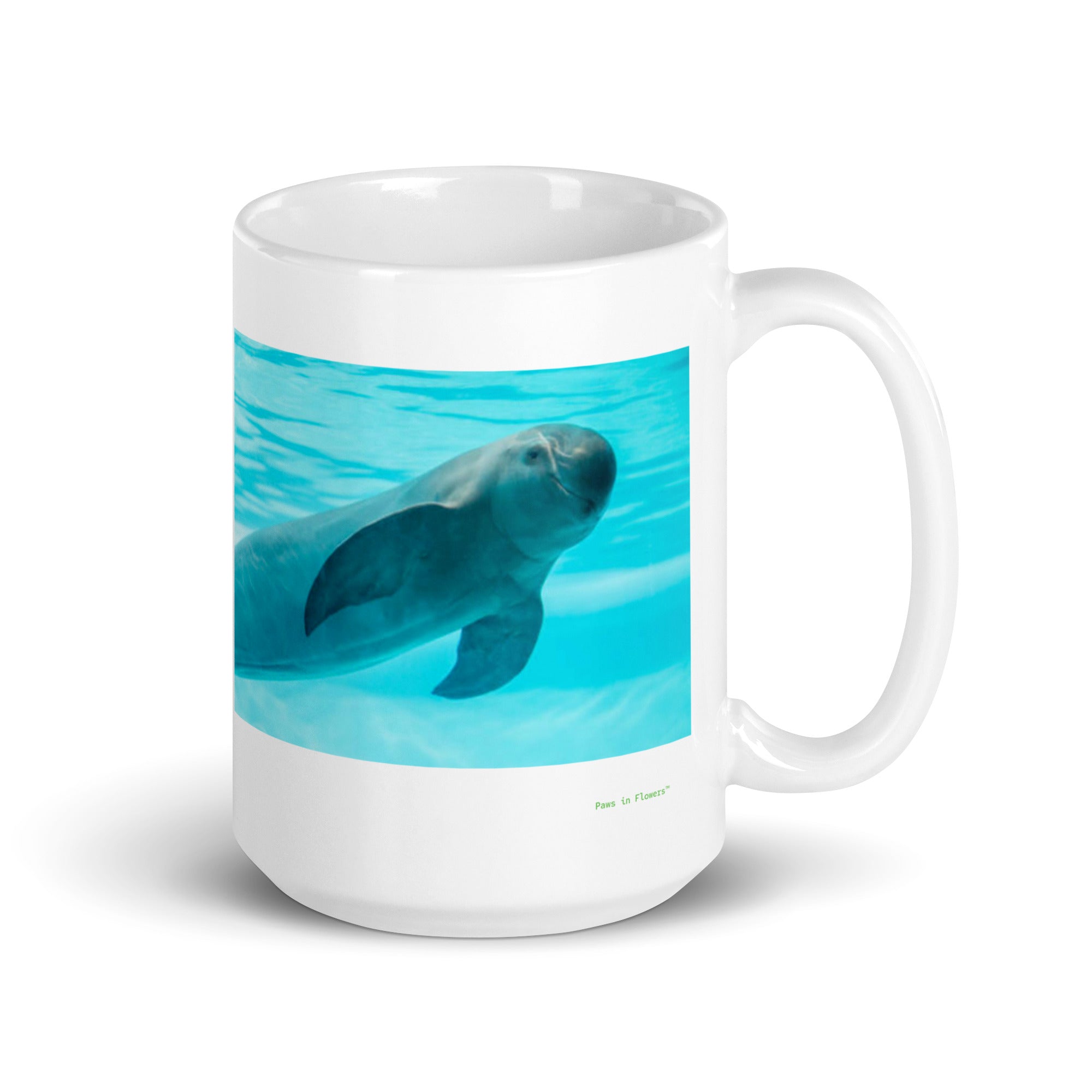 15 oz. white ceramic porpoise mug showing a porpoise in its natural habitat