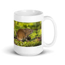 15 oz. white ceramic vole mug showing a vole in its natural habitat