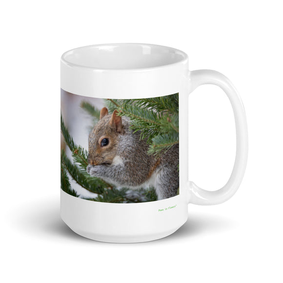 15 oz. white ceramic squirrel mug showing a squirrel in its natural habitat