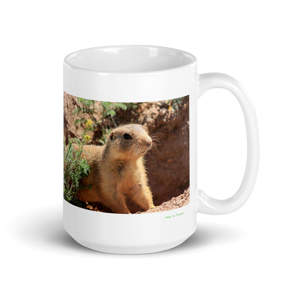 15 oz. white ceramic prairie dog mug showing a prairie dog in its natural habitat
