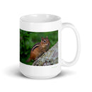 15 oz. white ceramic chipmunk mug showing a chipmunk in its natural habitat