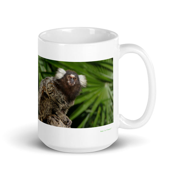 15 oz. white ceramic marmoset mug showing a marmoset in its natural habitat