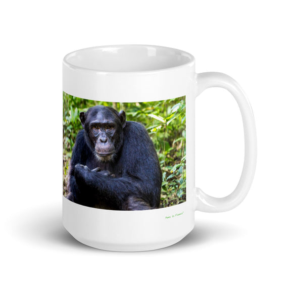 15 oz. white ceramic chimpanzee mug showing a chimpanzee in its natural habitat