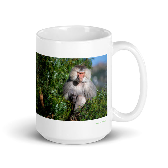 15 oz. white ceramic baboon mug showing a baboon in its natural habitat