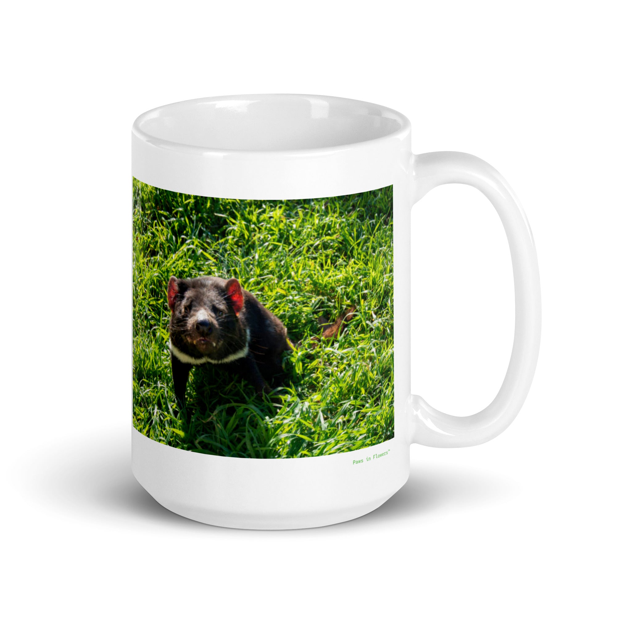 15 oz. white ceramic Tasmanian devil mug showing a Tasmanian devil in its natural habitat