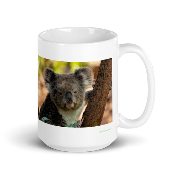 15 oz. white ceramic koala mug showing a koala in its natural habitat