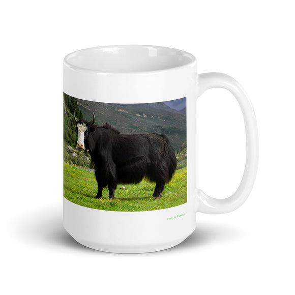 15 oz. white ceramic yak mug showing a yak in its natural habitat