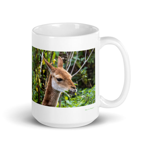 15 oz. white ceramic vicuna mug showing a vicuna in its natural habitat