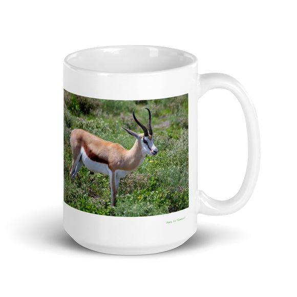 15 oz. white ceramic springbok mug showing a springbok in its natural habitat