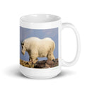15 oz. white ceramic mountain goat mug showing a mountain goat in its natural habitat
