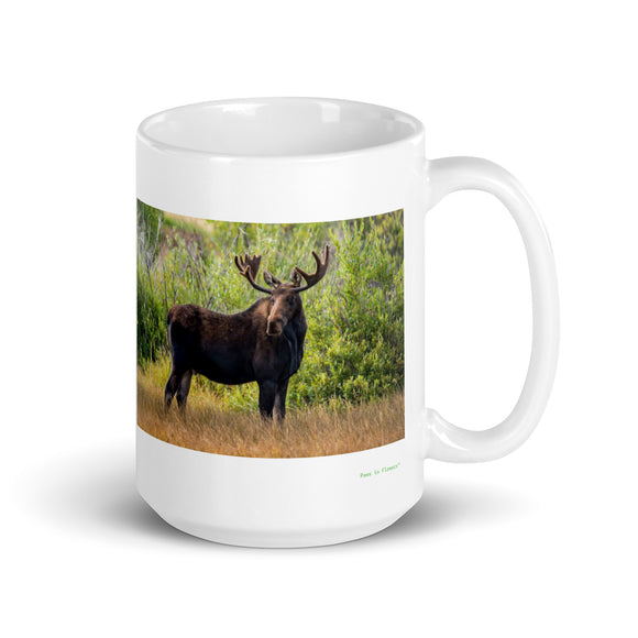 15 oz. white ceramic moose mug showing a moose in its natural habitat