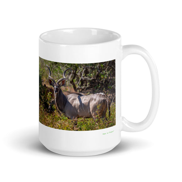 15 oz. white ceramic kudu mug showing a kudu in its natural habitat