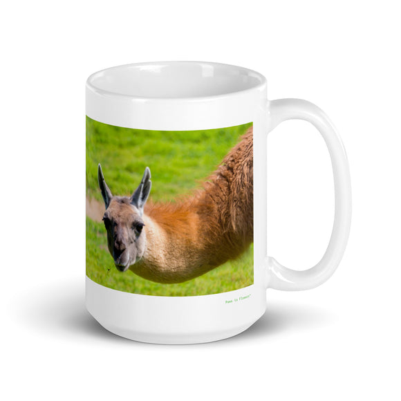 15 oz. white ceramic guanaco mug showing a guanaco in its natural habitat