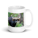 15 oz. white ceramic cattle mug showing a cattle in its natural habitat