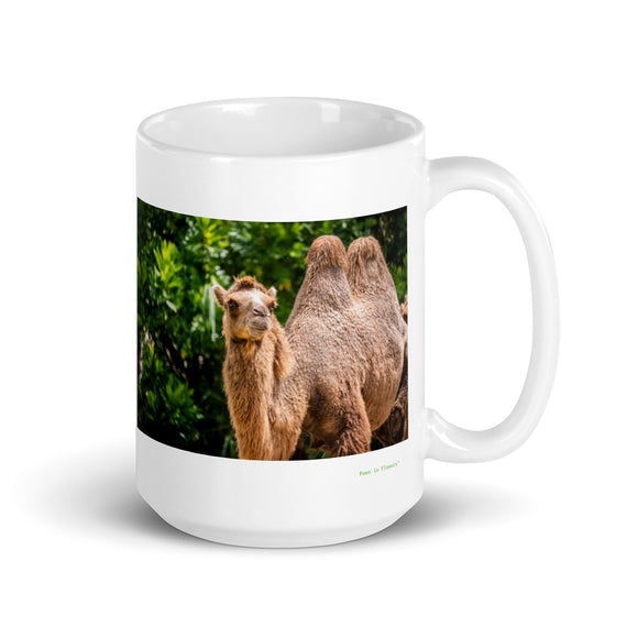 15 oz. white ceramic camel mug showing a camel in its natural habitat