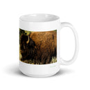 15 oz. white ceramic bison mug showing a bison in its natural habitat