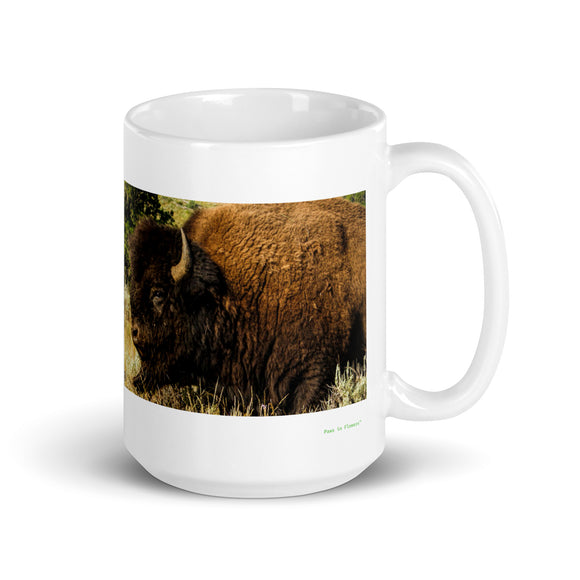 15 oz. white ceramic bison mug showing a bison in its natural habitat