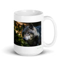 15 oz. white ceramic wolf mug showing a wolf in its natural habitat