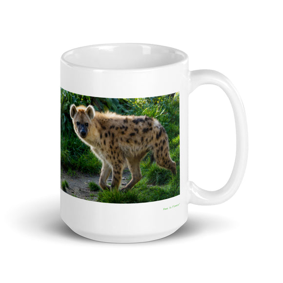 15 oz. white ceramic hyena mug showing a hyena in its natural habitat