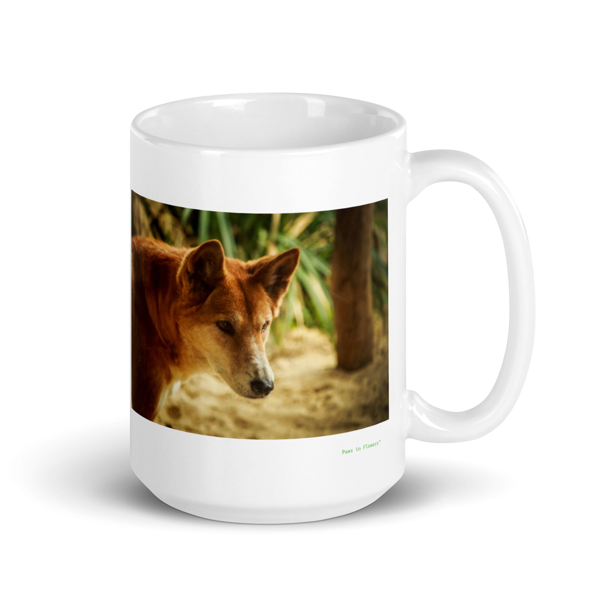 15 oz. white ceramic dingo mug showing a dingo in its natural habitat